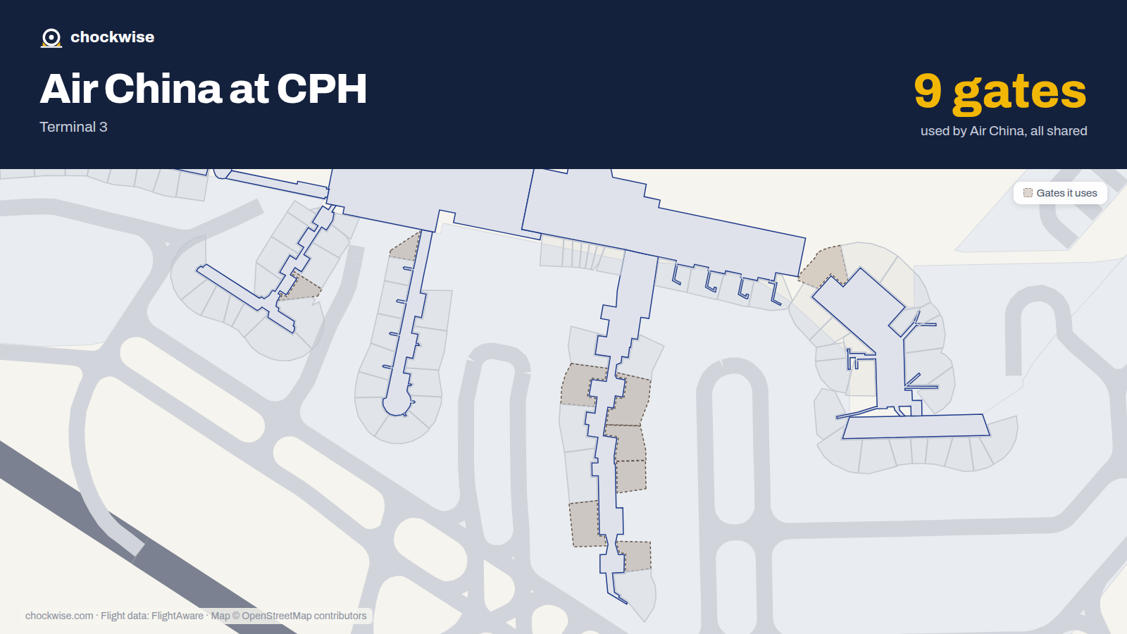 Map of CPH with the gates Air China uses highlighted: E1, B3, A9, C29, C30, C33, C35, C36 and 1 more.