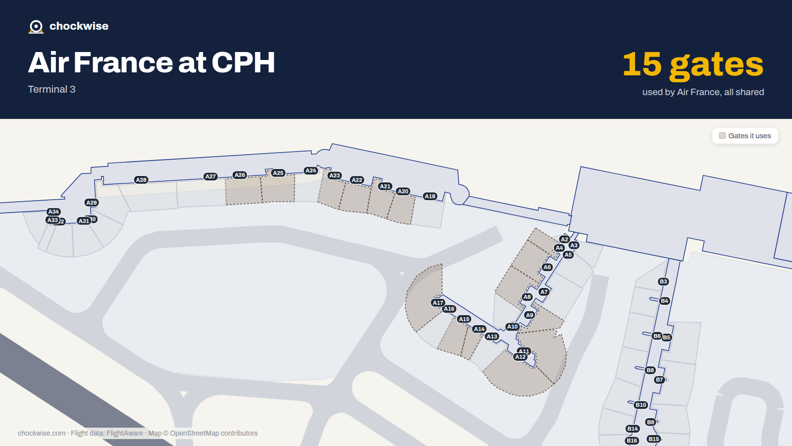 Map of CPH with the gates Air France uses highlighted: A4, A6, A8, A9, A11, A12, A14, A15 and 7 more.