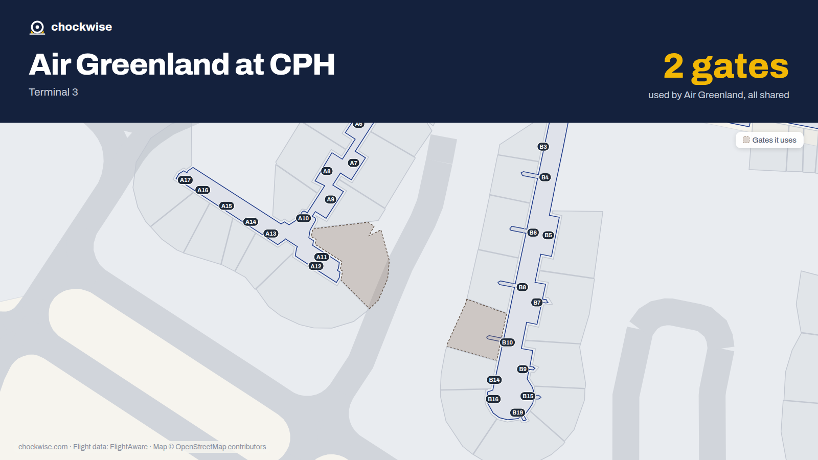 Map of CPH with the gates Air Greenland uses highlighted: B10 and A11.