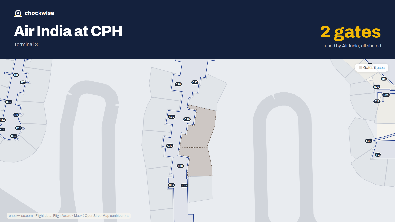 Map of CPH with the gates Air India uses highlighted: C29 and C33.