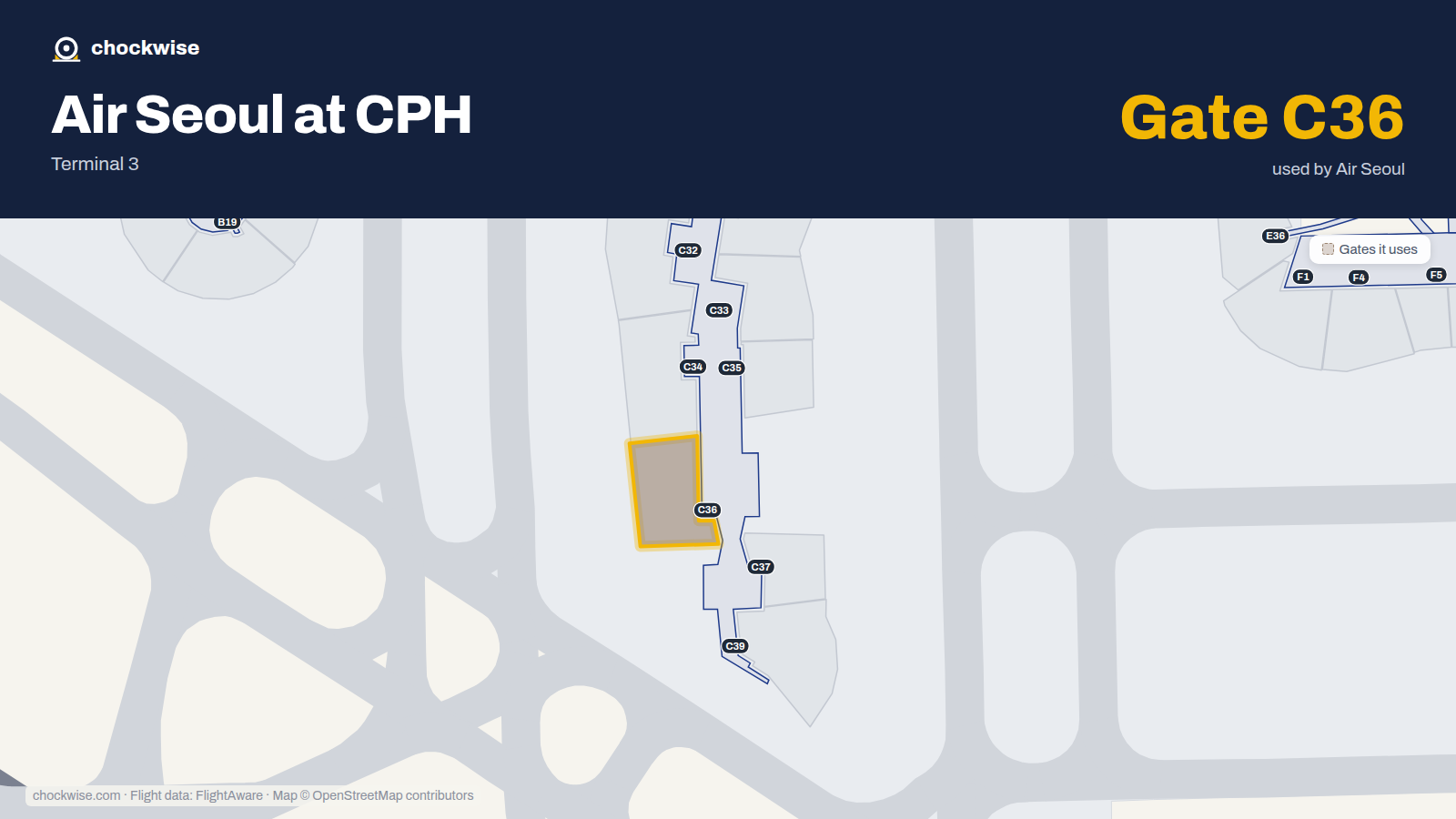 Map of CPH with the gates Air Seoul uses highlighted: C36.