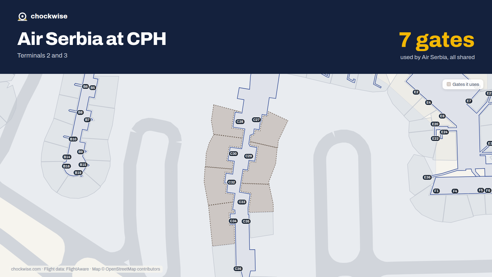 Map of CPH with the gates Air Serbia uses highlighted: C27, C28, C29, C30, C32, C33 and C34.