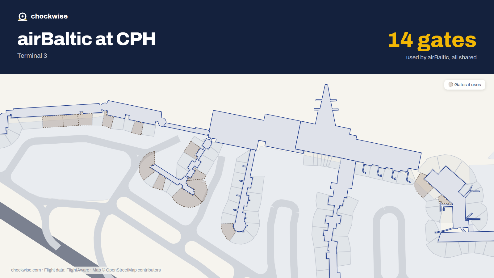 Map of CPH with the gates airBaltic uses highlighted: E2, A6, E6, A9, A11, A12, A15, B16 and 6 more.