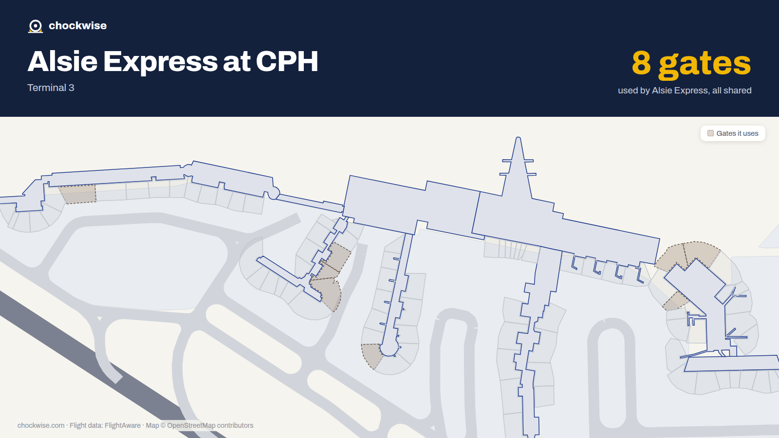Map of CPH with the gates Air Alsie (Alsie Express) uses highlighted: E1, E3, E4, A7, A9, A11, B16 and A28.