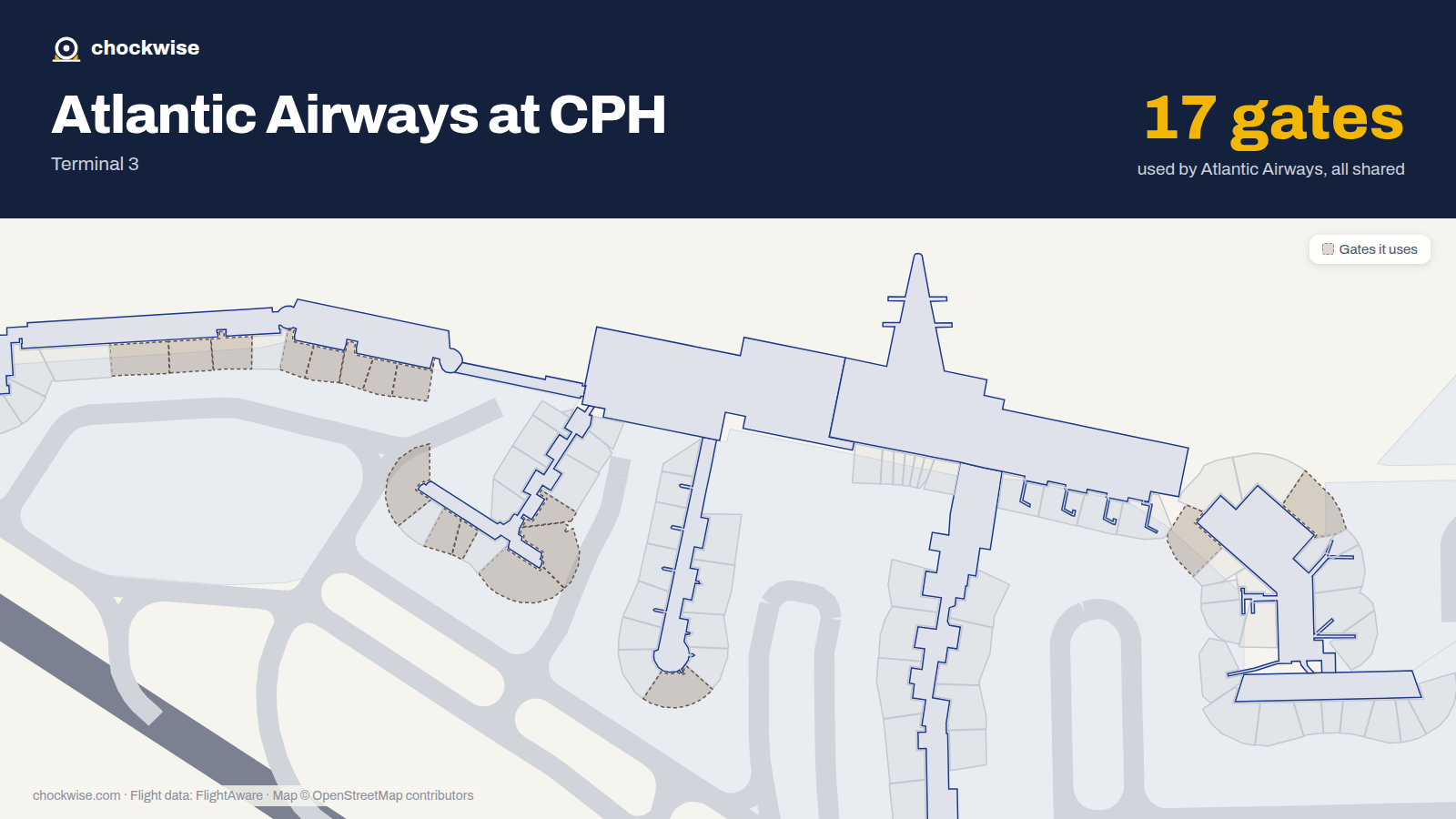 Map of CPH with the gates Atlantic Airways uses highlighted: E2, E5, A9, A11, A12, A14, A15, A17 and 9 more.