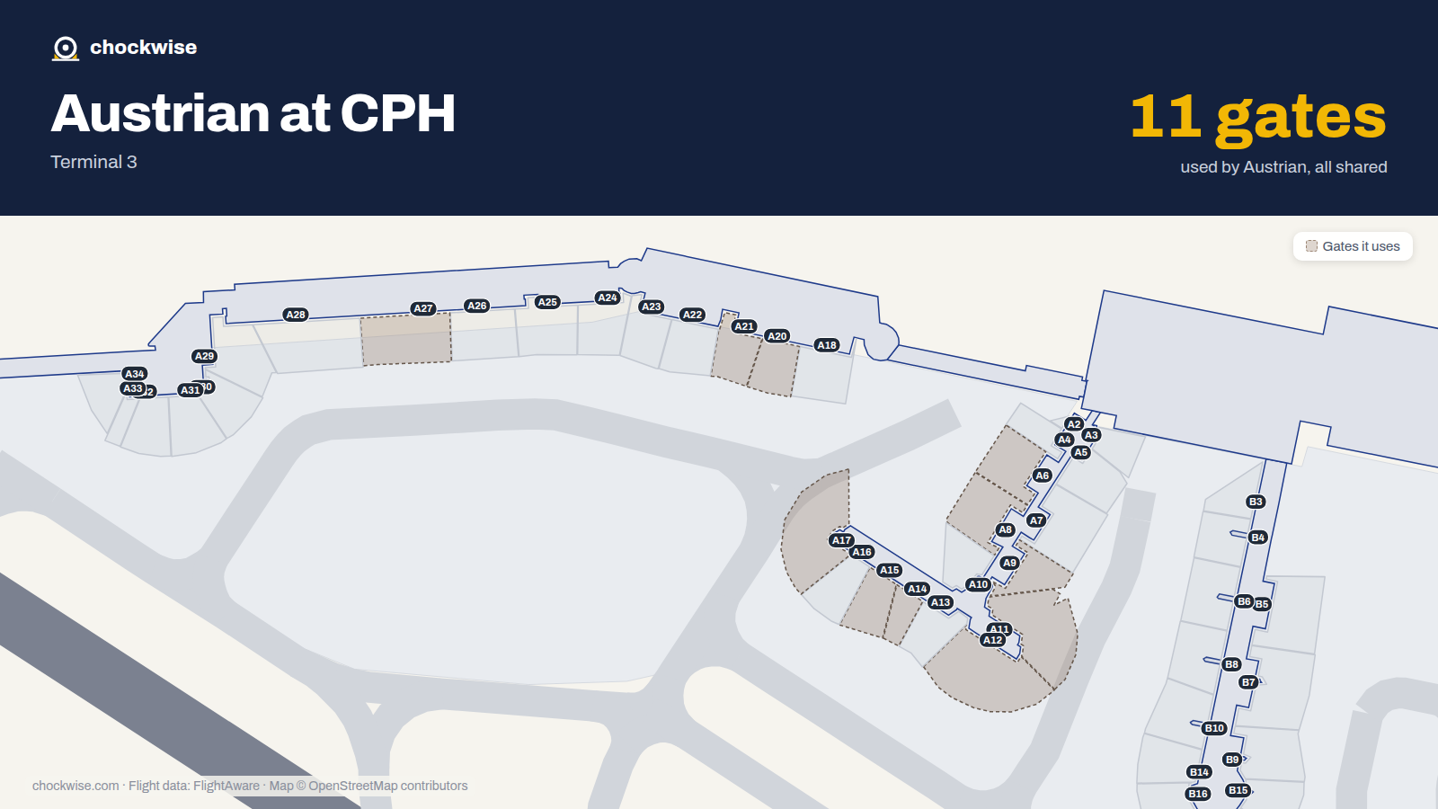 Map of CPH with the gates Austrian Airlines uses highlighted: A6, A8, A9, A11, A12, A14, A15, A17 and 3 more.