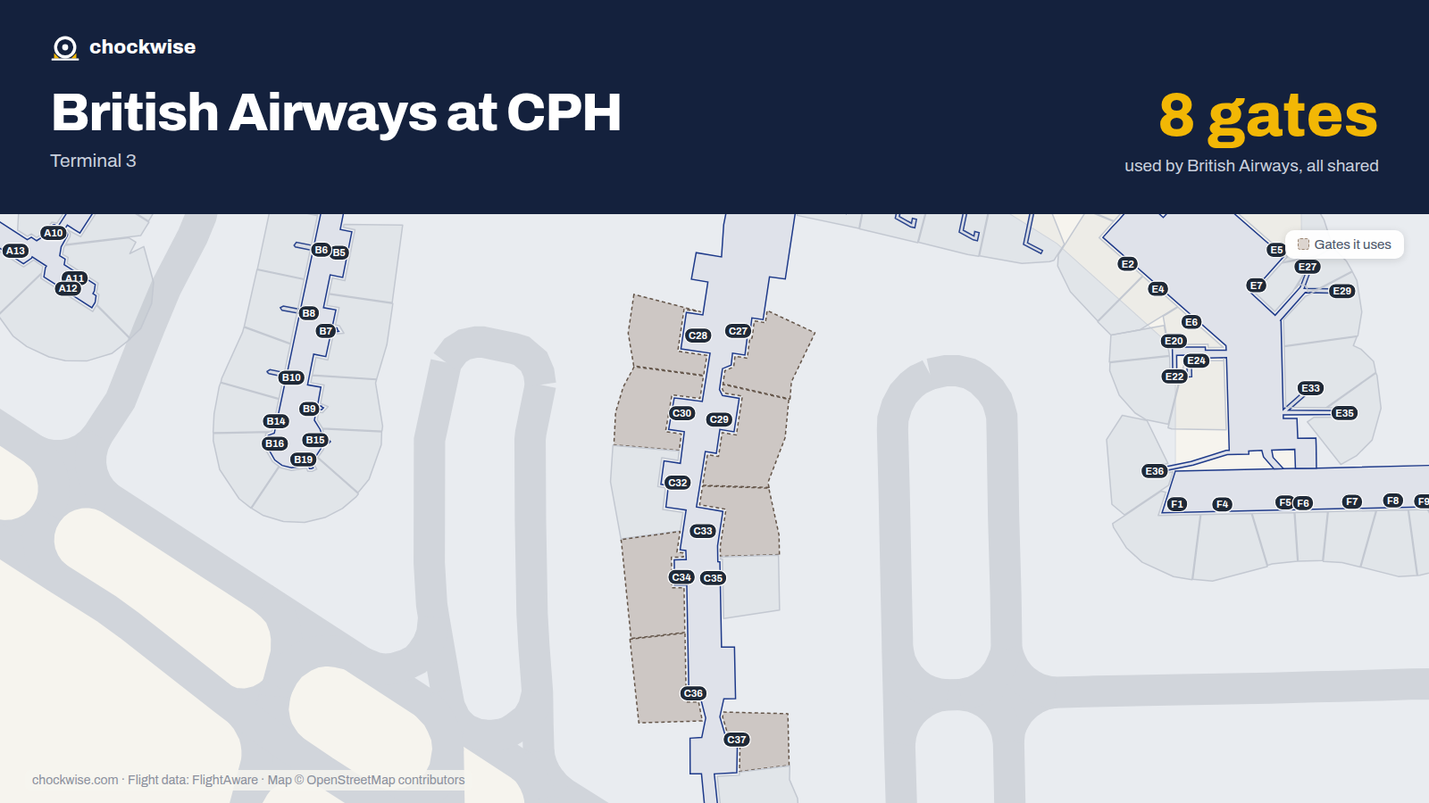 Map of CPH with the gates British Airways uses highlighted: C27, C28, C29, C30, C33, C34, C36 and C37.