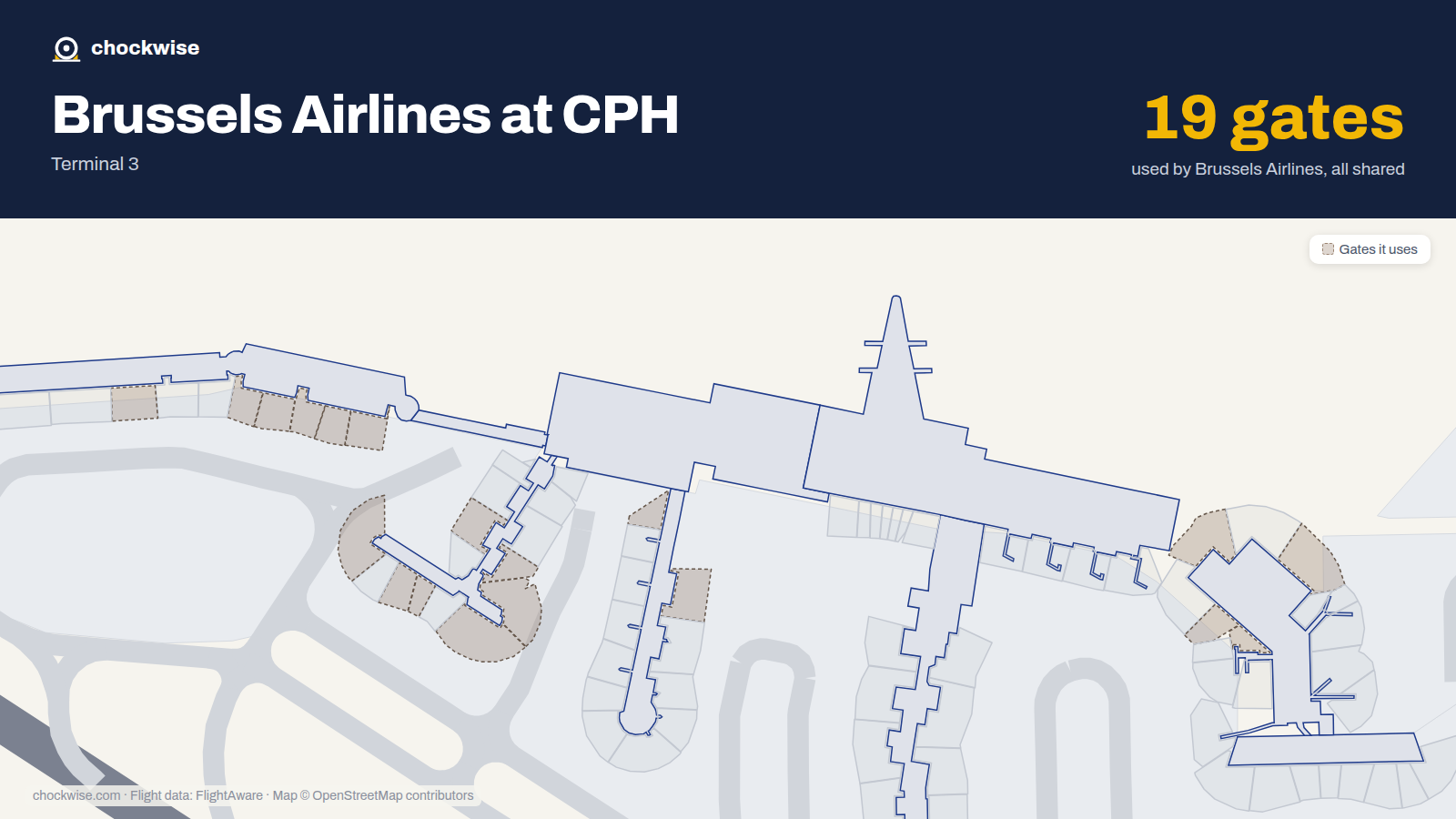 Map of CPH with the gates Brussels Airlines uses highlighted: E1, B3, E4, B5, E5, E6, A8, A9 and 11 more.