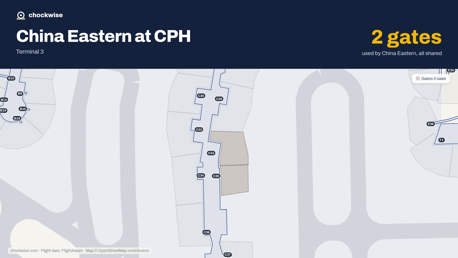 Map of CPH with the gates China Eastern uses highlighted: C33 and C35.