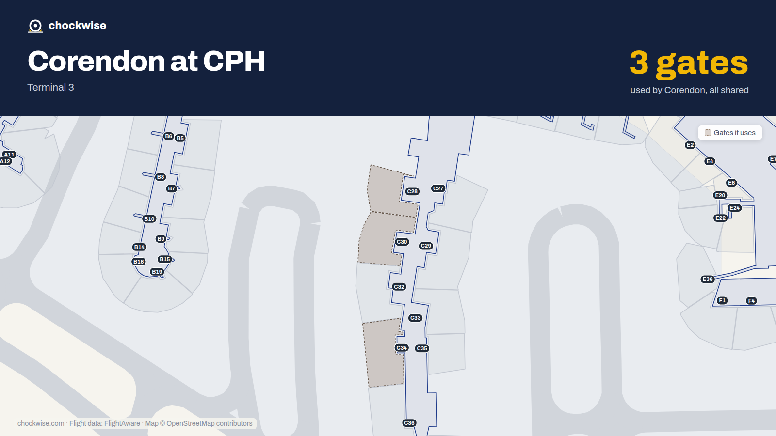 Map of CPH with the gates Corendon Airlines uses highlighted: C28, C30 and C34.