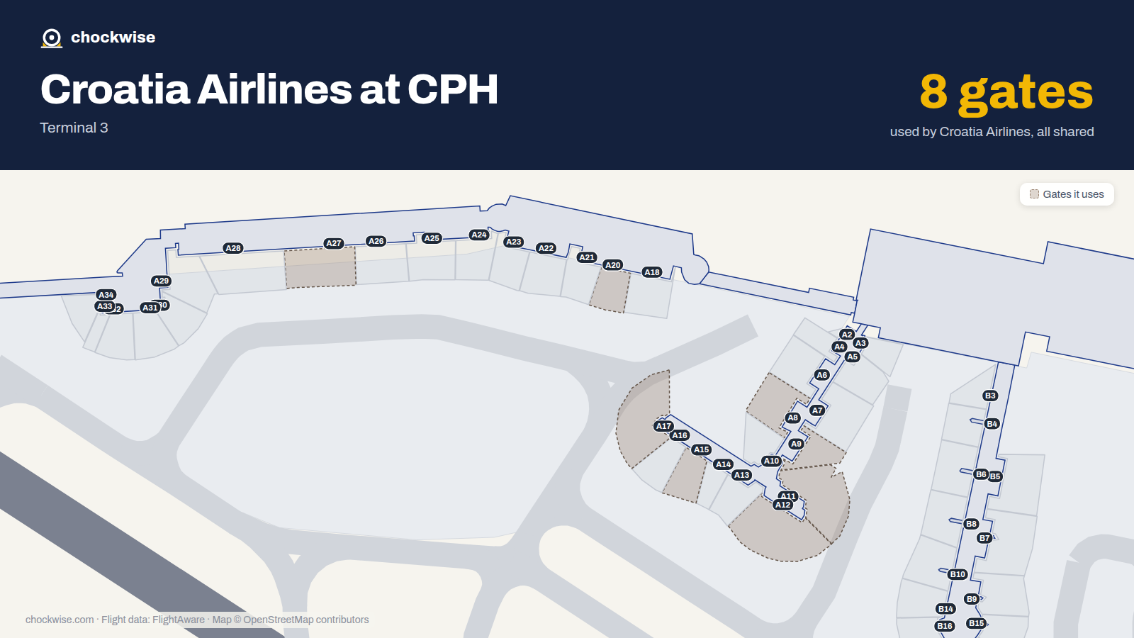 Map of CPH with the gates Croatia Airlines uses highlighted: A8, A9, A11, A12, A15, A17, A20 and A27.