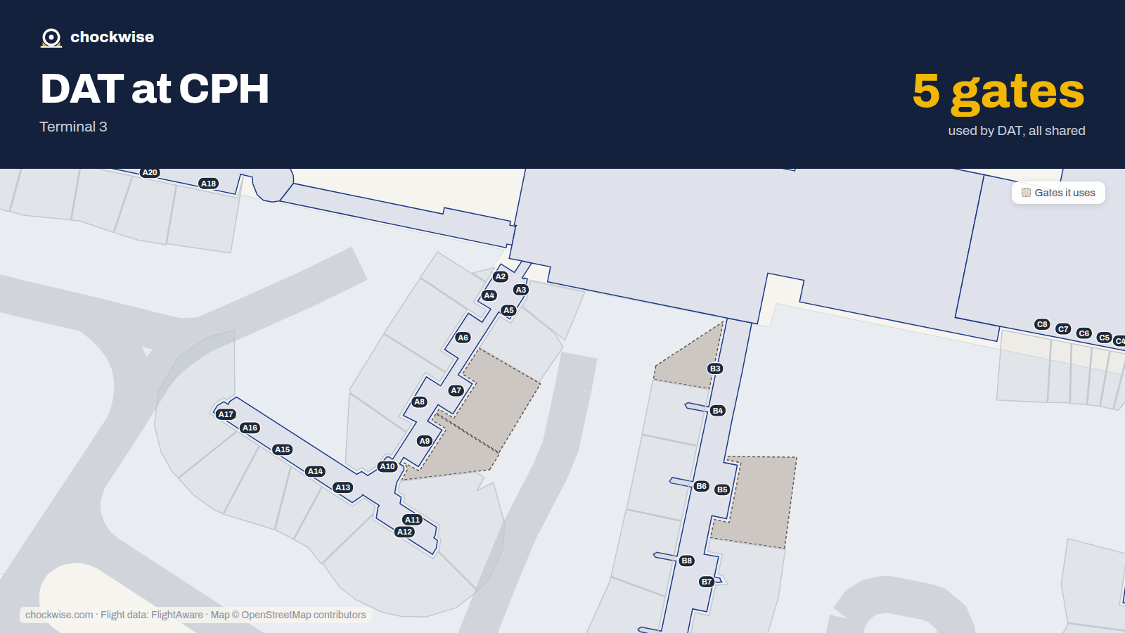 Map of CPH with the gates DAT (Danish Air Transport) uses highlighted: B3, B5, A7, A9 and A28.