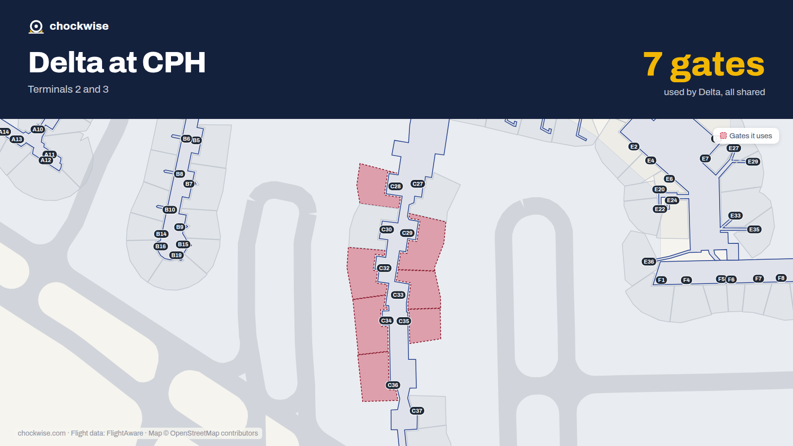 Map of CPH with the gates Delta Air Lines uses highlighted: C28, C29, C32, C33, C34, C35 and C36.