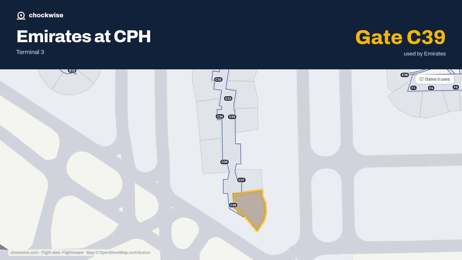 Map of CPH with the gates Emirates uses highlighted: C39.