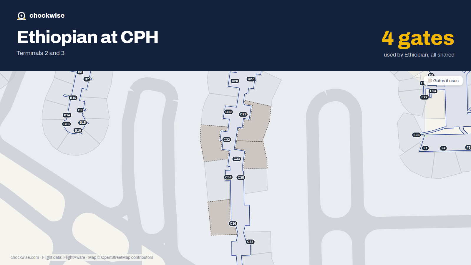 Map of CPH with the gates Ethiopian Airlines uses highlighted: C29, C32, C33 and C36.