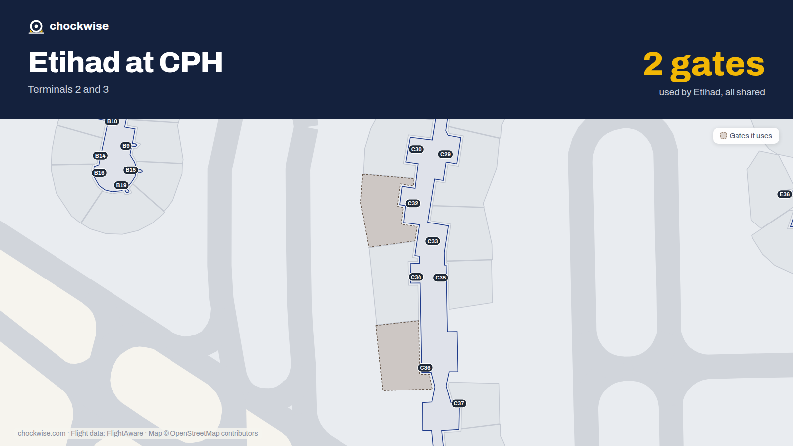 Map of CPH with the gates Etihad Airways uses highlighted: C32 and C36.