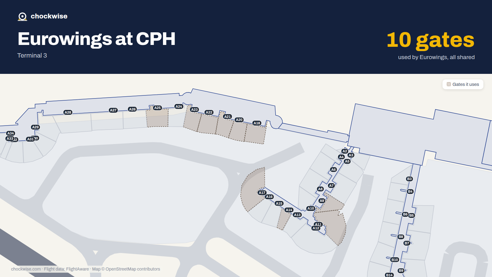 Map of CPH with the gates Eurowings uses highlighted: A9, A11, A14, A17, A18, A20, A21, A22 and 2 more.