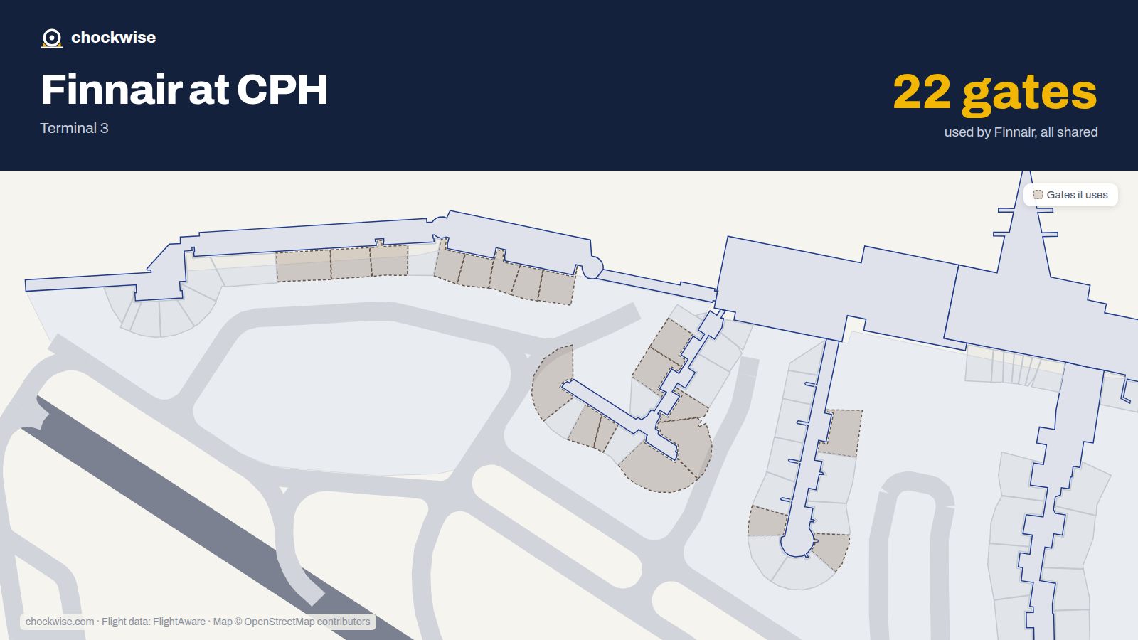 Map of CPH with the gates Finnair uses highlighted: E3, E4, B5, E5, A6, A8, A9, A11 and 14 more.