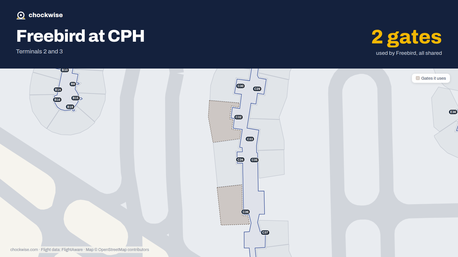 Map of CPH with the gates Freebird Airlines uses highlighted: C32 and C36.