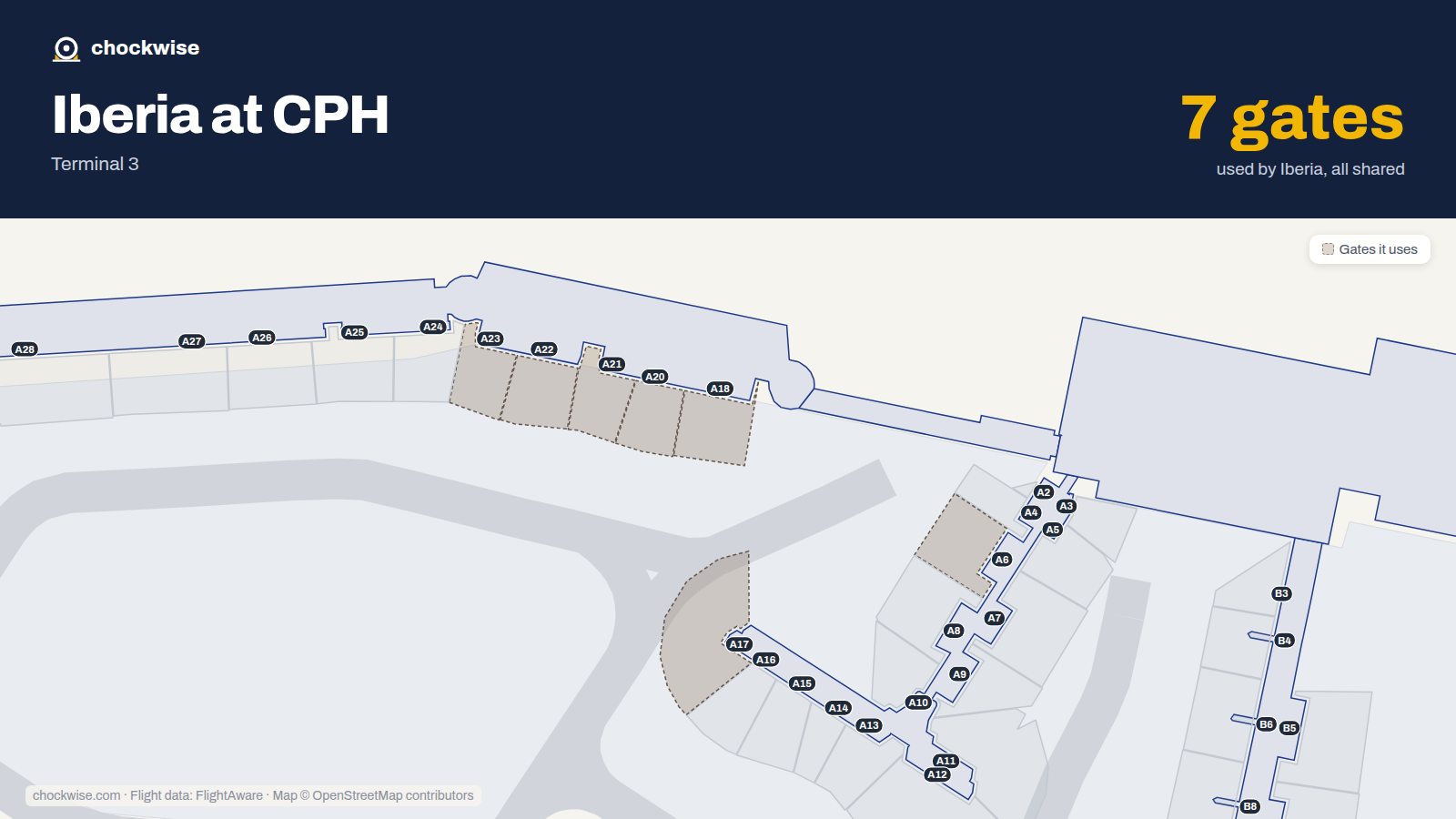 Map of CPH with the gates Iberia uses highlighted: A6, A17, A18, A20, A21, A22 and A23.