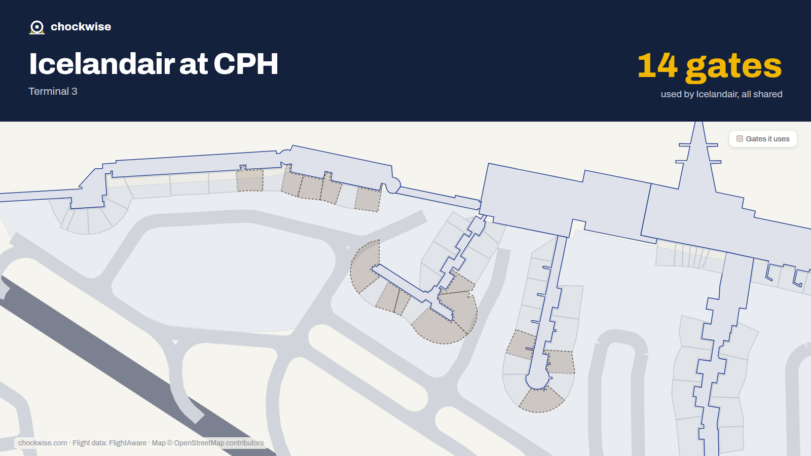 Map of CPH with the gates Icelandair uses highlighted: A9, B9, B10, A11, A12, A14, A15, A17 and 6 more.