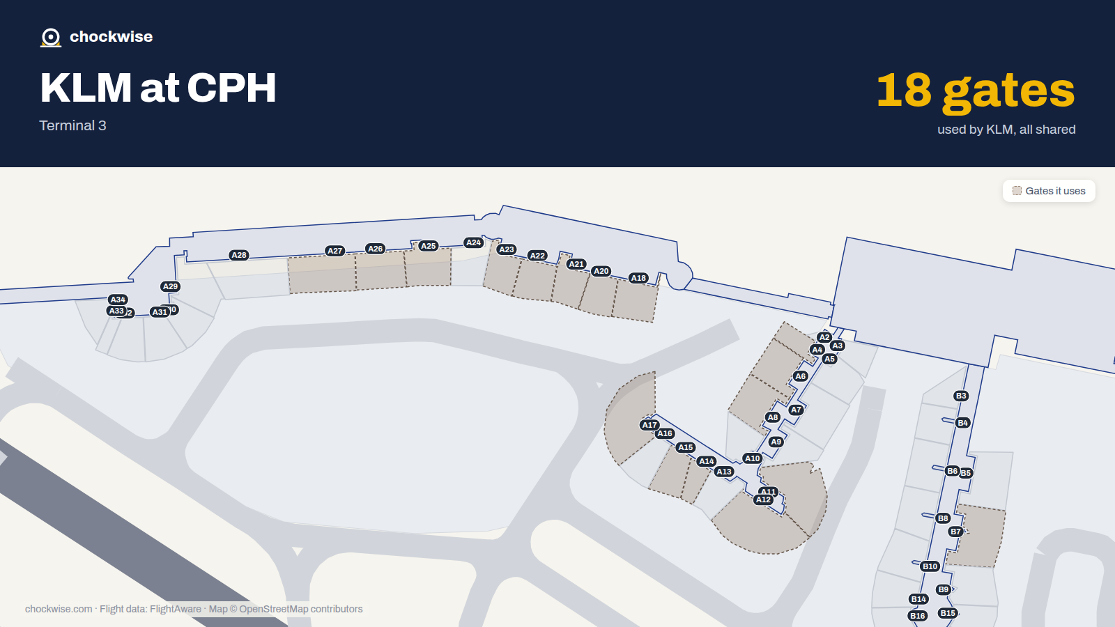 Map of CPH with the gates KLM uses highlighted: E3, A4, A6, B7, A8, A11, A12, A14 and 10 more.