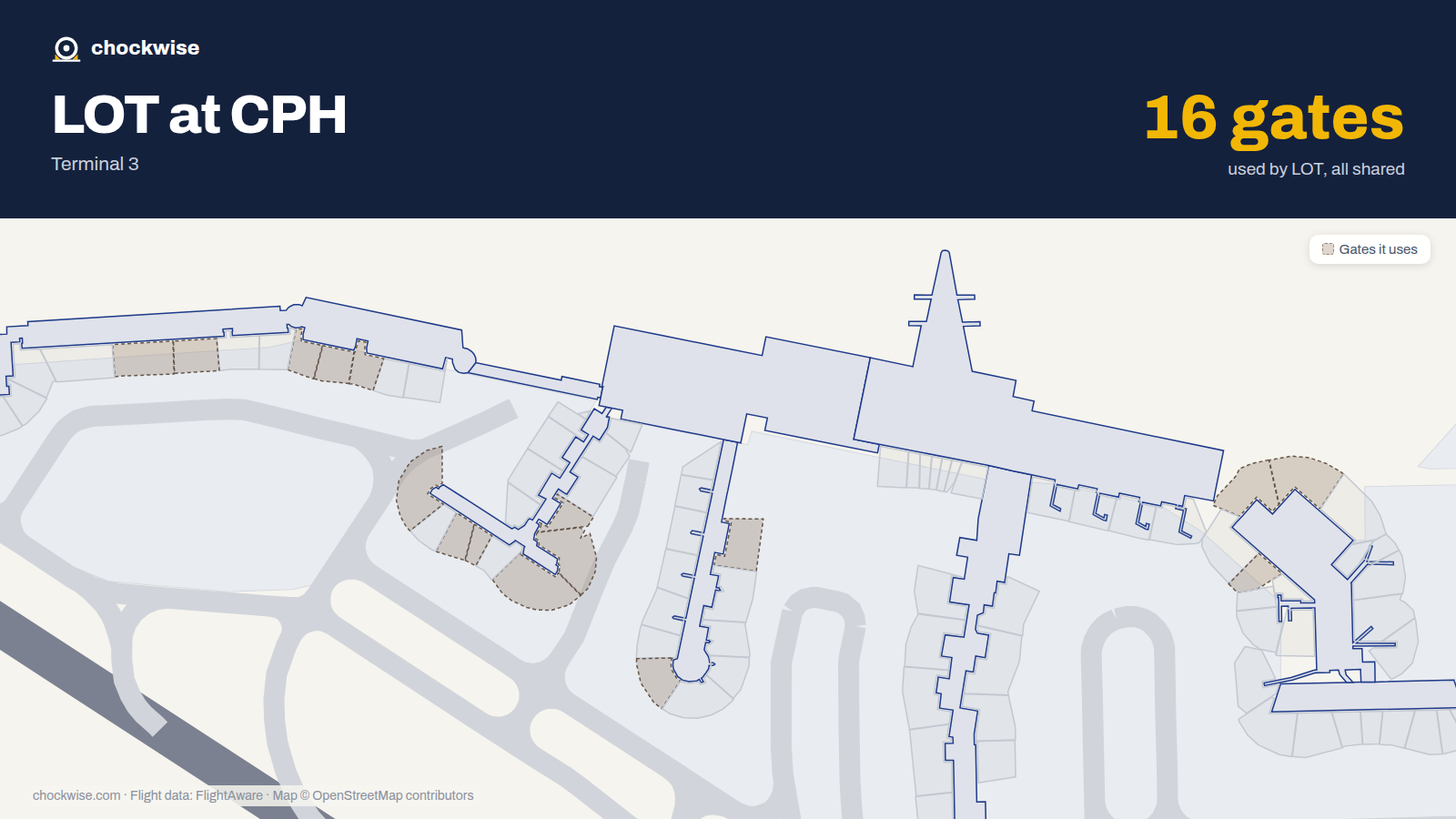 Map of CPH with the gates LOT Polish Airlines uses highlighted: E1, E3, E4, B5, A9, A11, A12, A14 and 8 more.