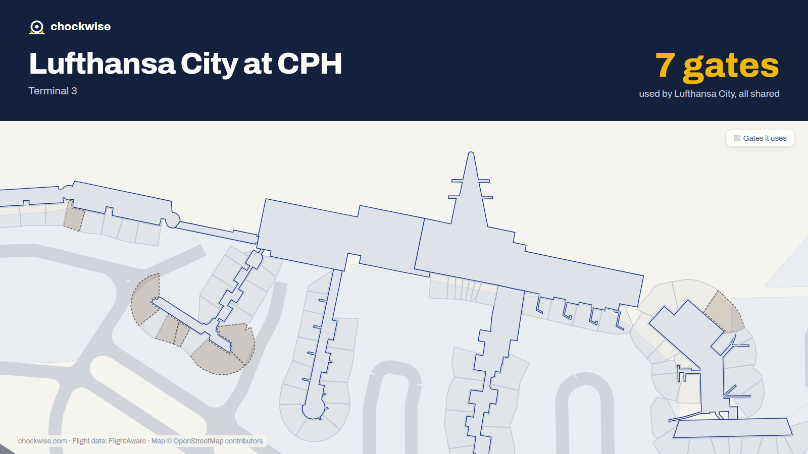 Map of CPH with the gates Lufthansa City Airlines uses highlighted: E5, A11, A12, A14, A15, A17 and A23.