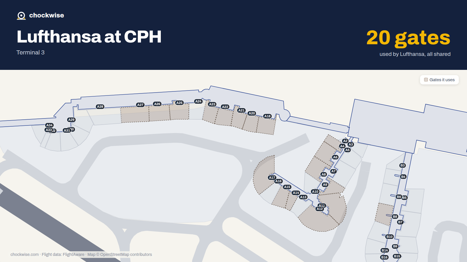 Map of CPH with the gates Lufthansa uses highlighted: A4, E4, E5, A6, A8, B8, A9, A11 and 12 more.