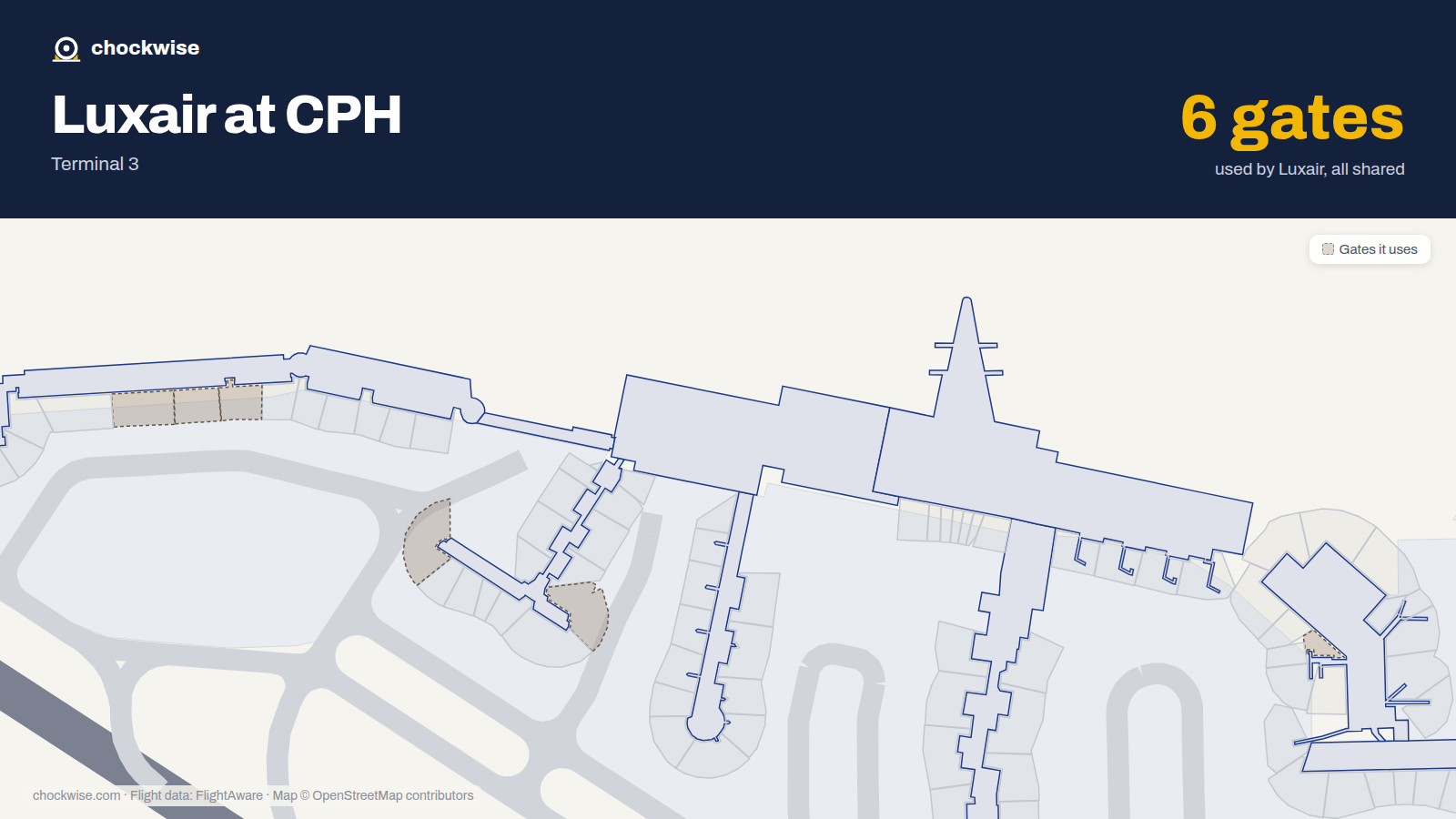 Map of CPH with the gates Luxair uses highlighted: E6, A11, A17, A25, A26 and A27.
