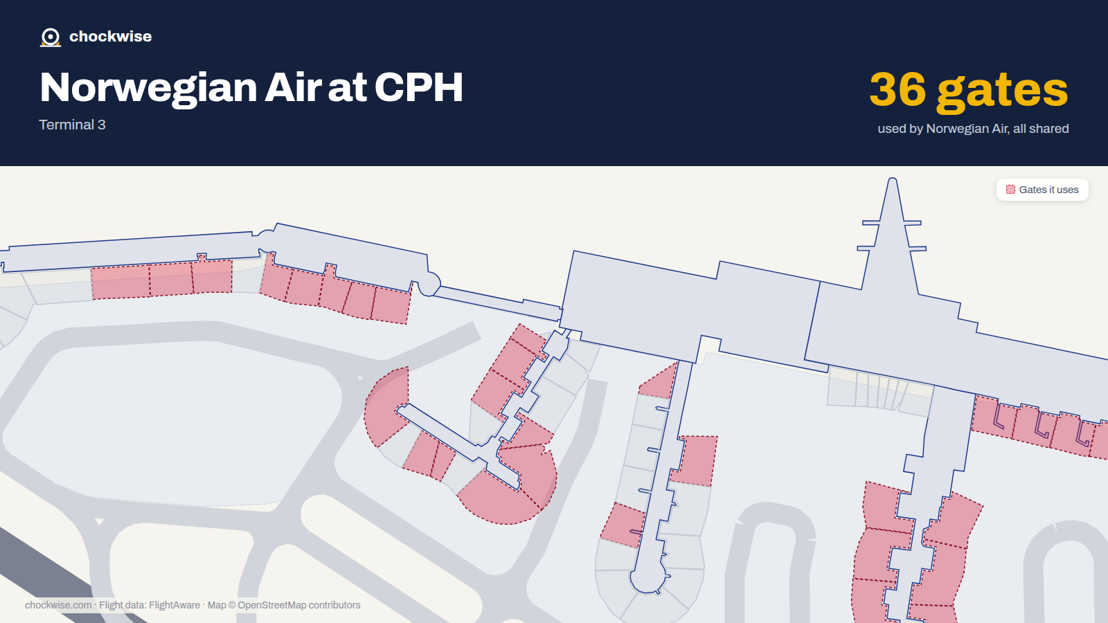 Map of CPH with the gates Norwegian Air Shuttle uses highlighted: D1, D2, E2, B3, D3, E3, A4, D4 and 28 more.