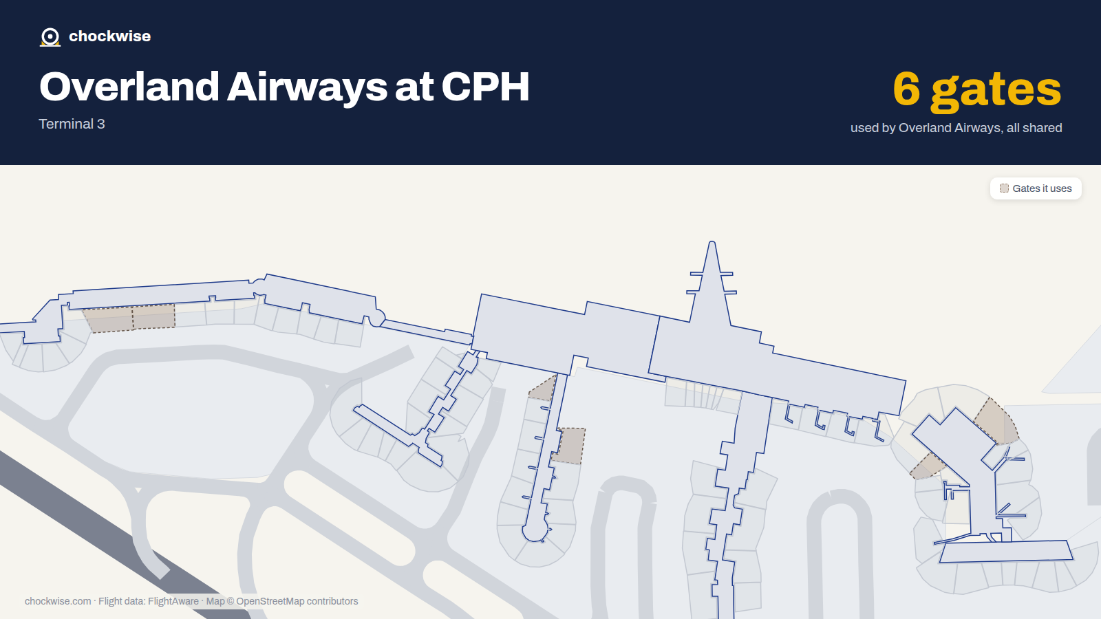 Map of CPH with the gates Overland Airways uses highlighted: B3, E4, B5, E5, A27 and A28.