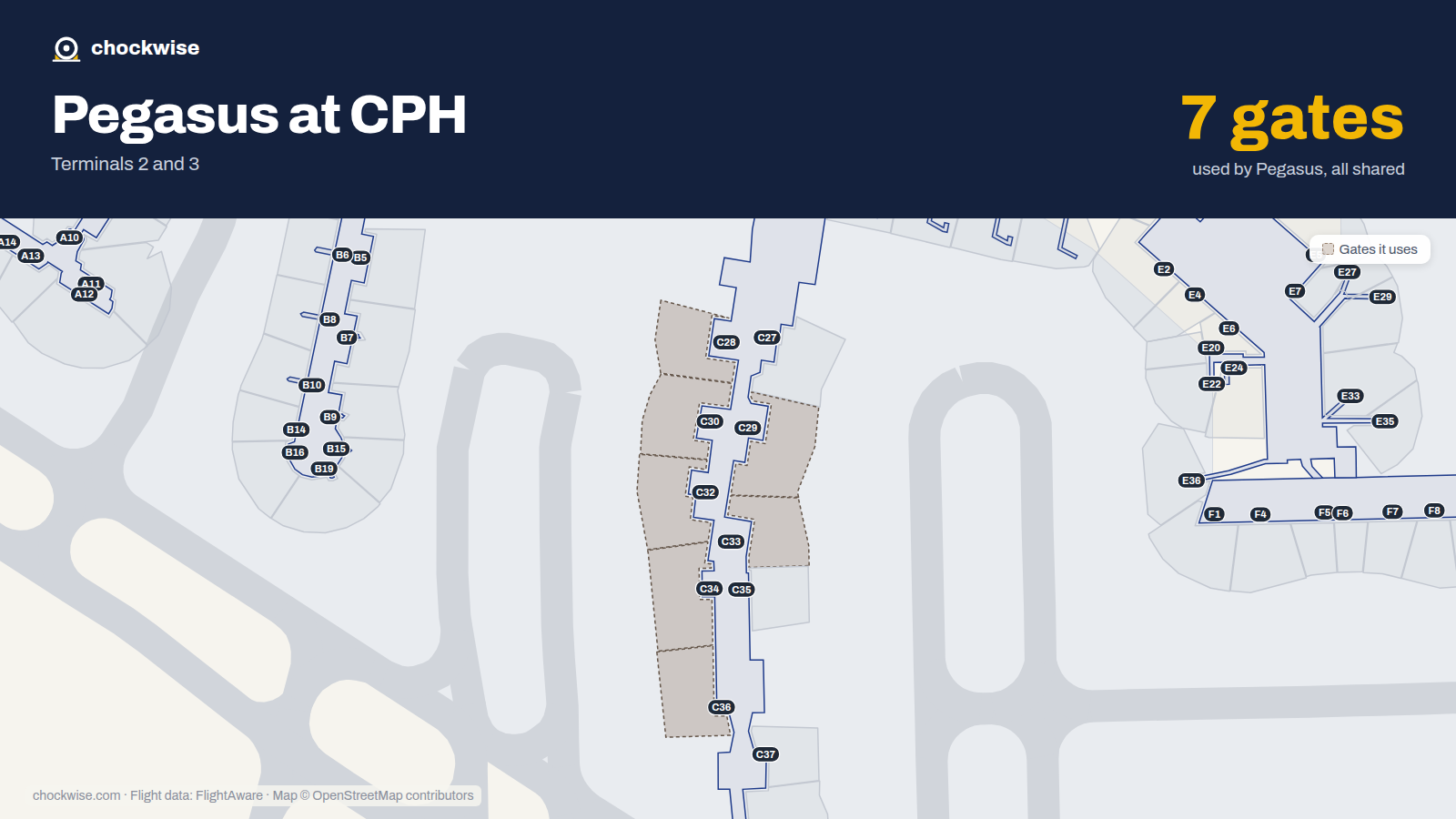 Map of CPH with the gates Pegasus Airlines uses highlighted: C28, C29, C30, C32, C33, C34 and C36.