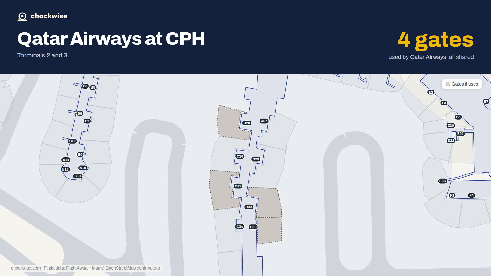 Map of CPH with the gates Qatar Airways uses highlighted: C28, C32, C33 and C35.