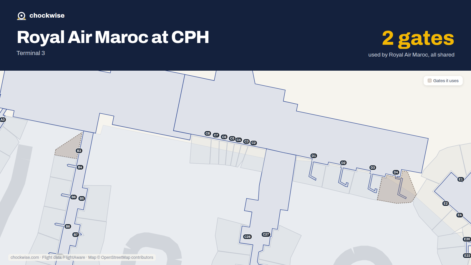 Map of CPH with the gates Royal Air Maroc uses highlighted: B3 and D4.