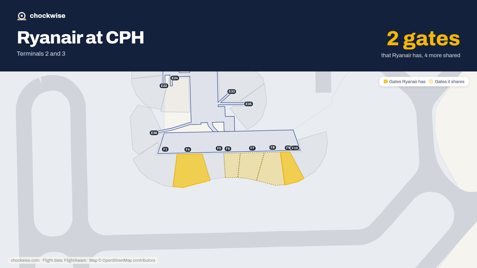 Map of CPH with the gates Ryanair uses highlighted: F4 and F9.