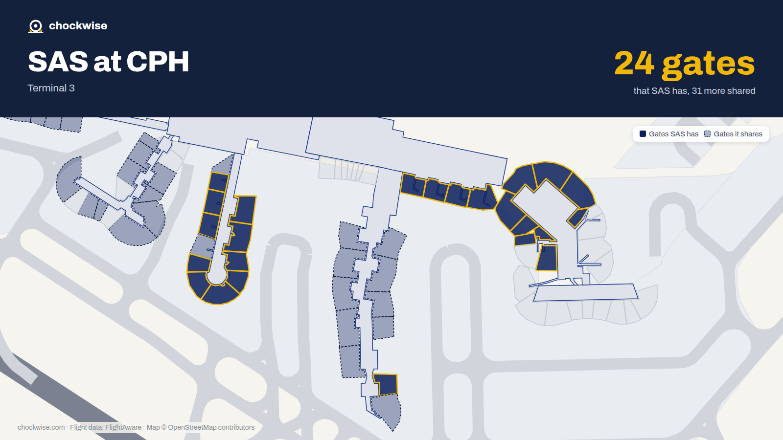 Map of CPH with the gates SAS Scandinavian Airlines uses highlighted: D1, E1, D2, E2, D3, E3, B4, D4 and 16 more.