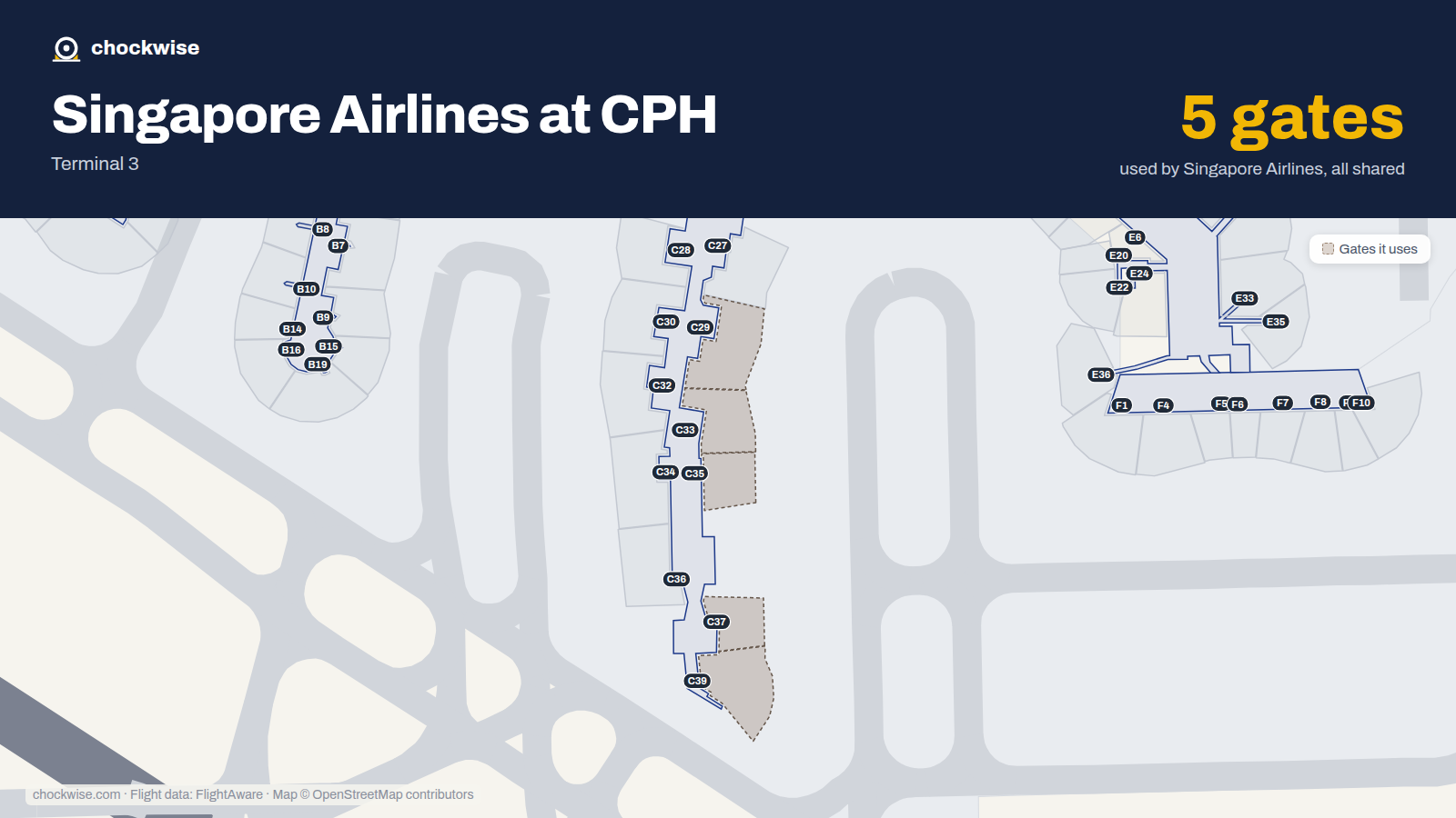 Map of CPH with the gates Singapore Airlines uses highlighted: C29, C33, C35, C37 and C39.
