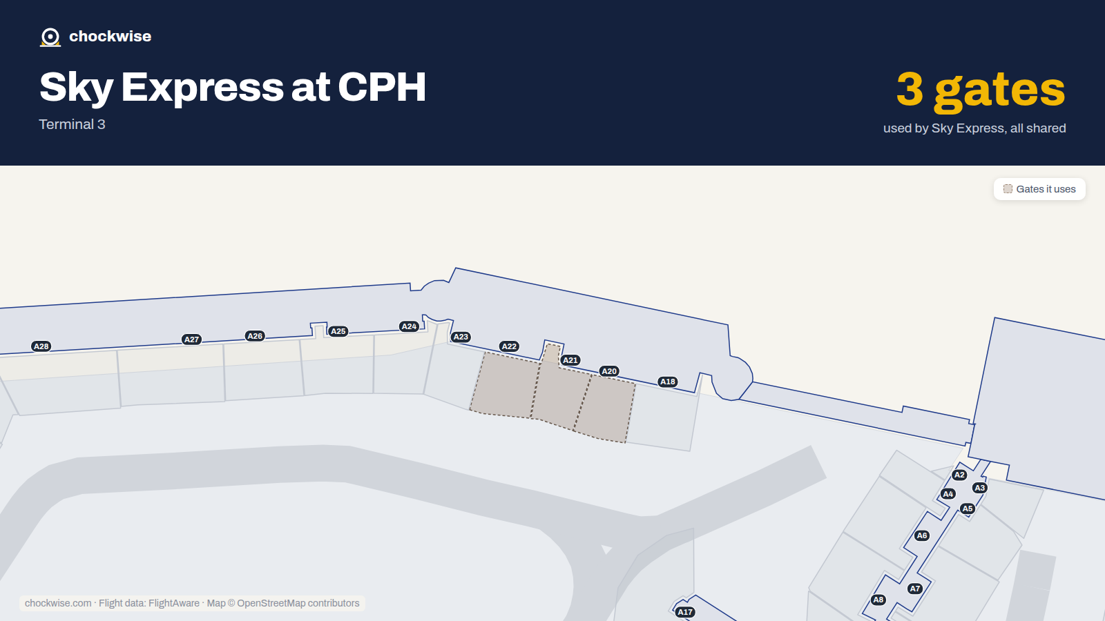 Map of CPH with the gates Sky Express uses highlighted: A20, A21 and A22.