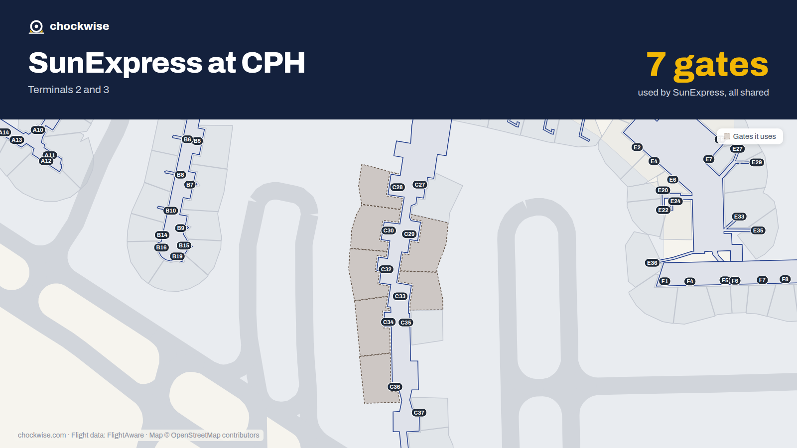 Map of CPH with the gates SunExpress uses highlighted: C28, C29, C30, C32, C33, C34 and C36.