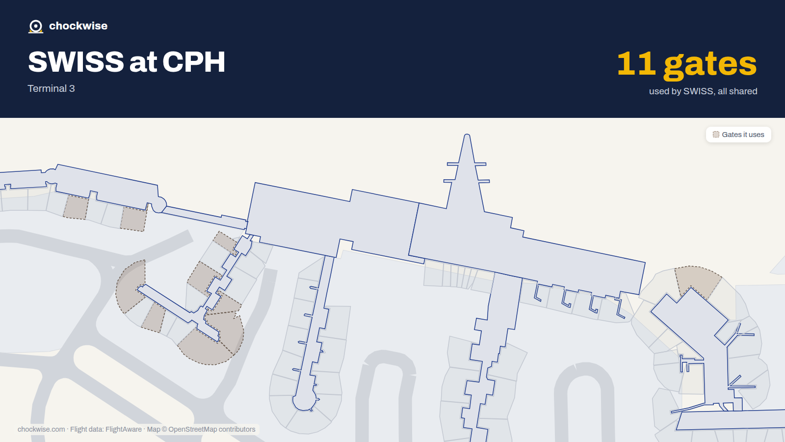 Map of CPH with the gates SWISS uses highlighted: E3, A4, A8, A9, A11, A12, A15, A17 and 3 more.