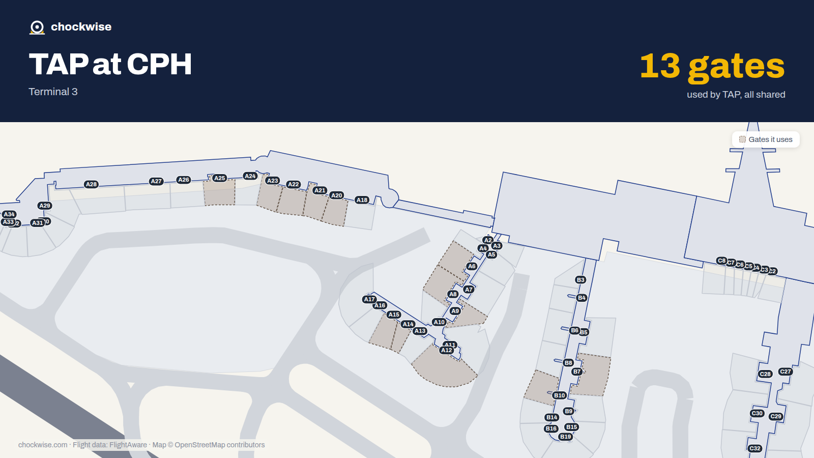 Map of CPH with the gates TAP Air Portugal uses highlighted: A6, B7, A8, A9, B10, A12, A14, A15 and 5 more.