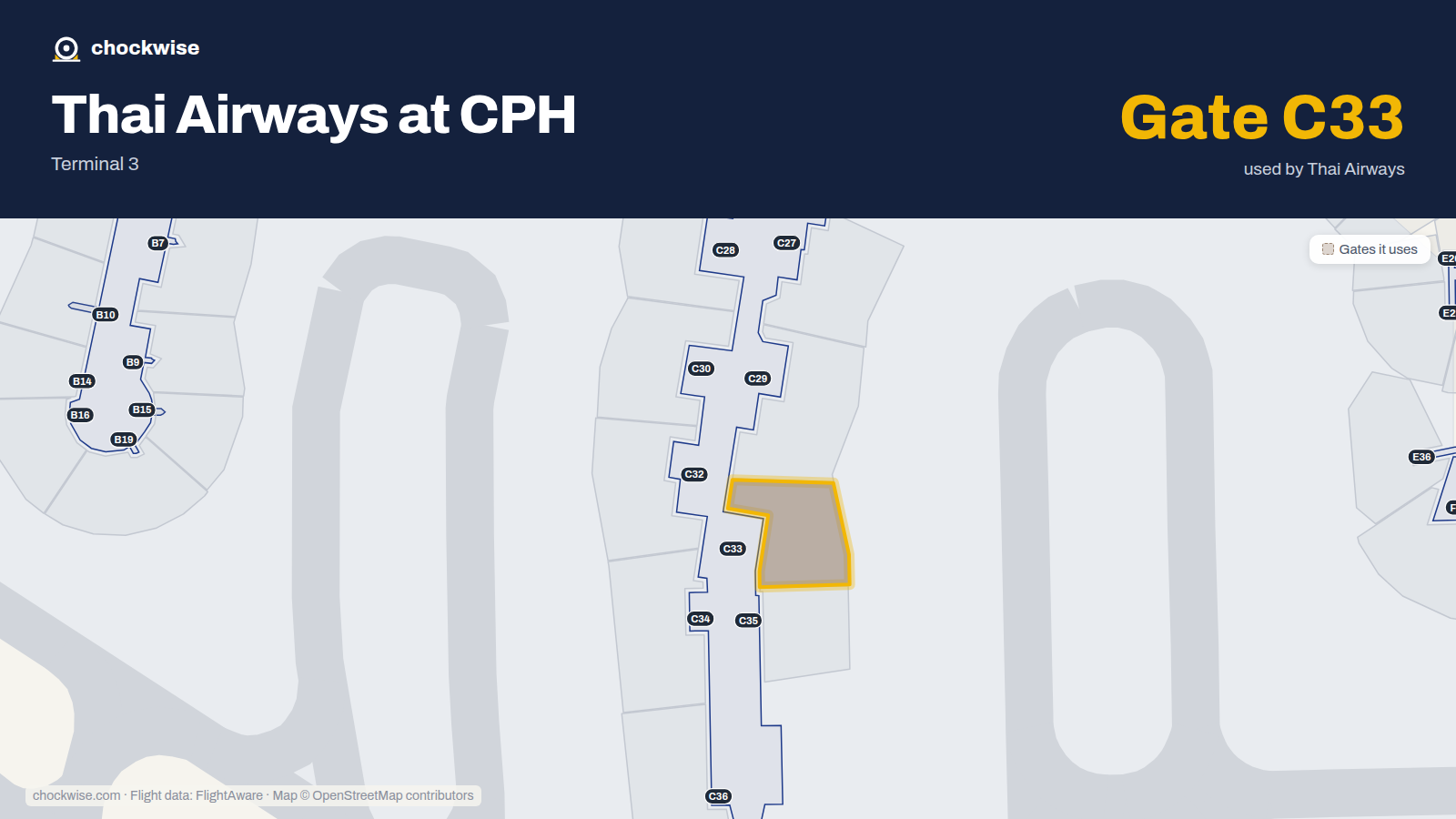 Map of CPH with the gates Thai Airways uses highlighted: C33.