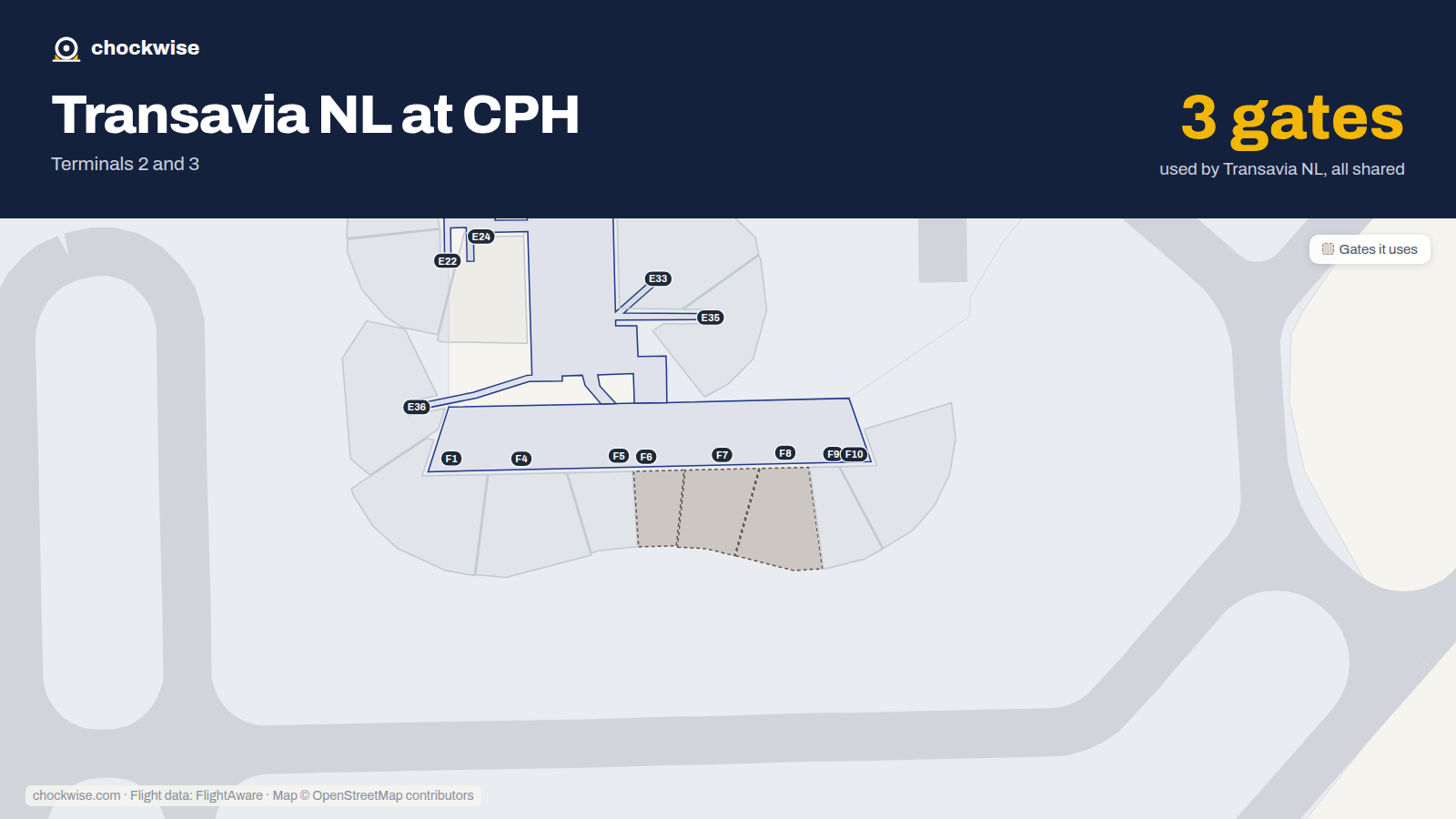 Map of CPH with the gates Transavia uses highlighted: F6, F7 and F8.