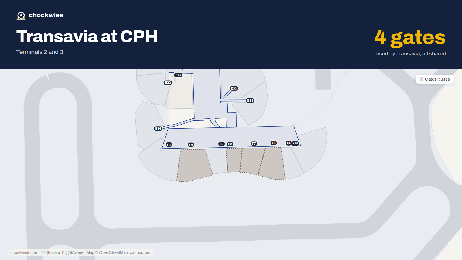 Map of CPH with the gates Transavia France uses highlighted: F4, F6, F7 and F8.