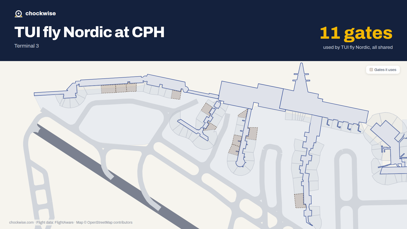 Map of CPH with the gates TUI fly Nordic uses highlighted: B3, B5, A6, B8, A9, B10, A18, A25 and 3 more.