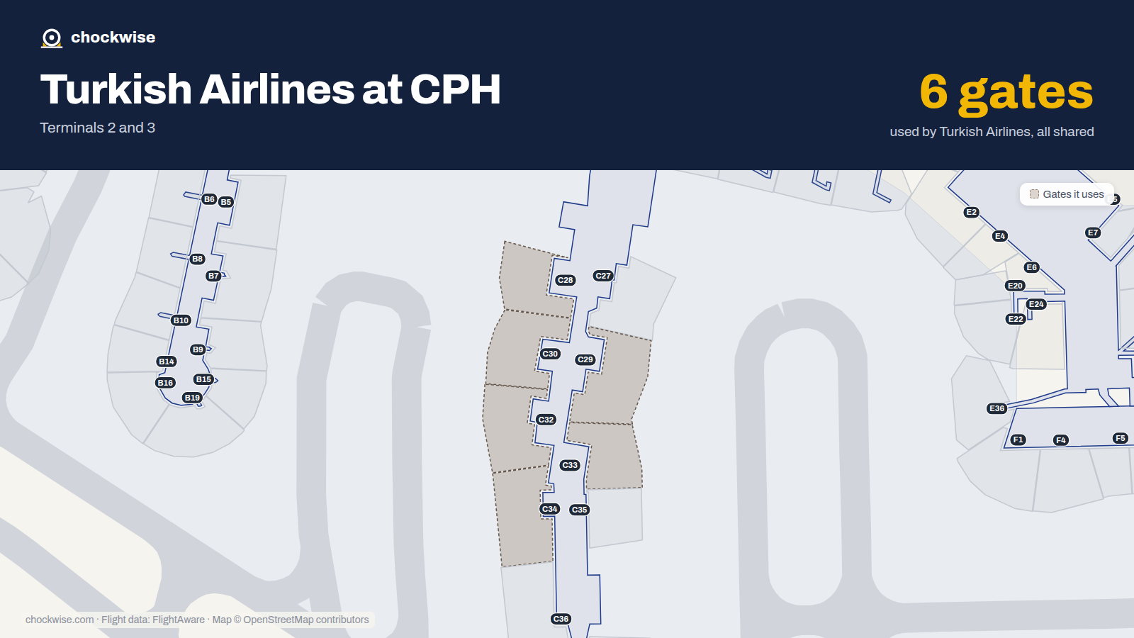 Map of CPH with the gates Turkish Airlines uses highlighted: C28, C29, C30, C32, C33 and C34.