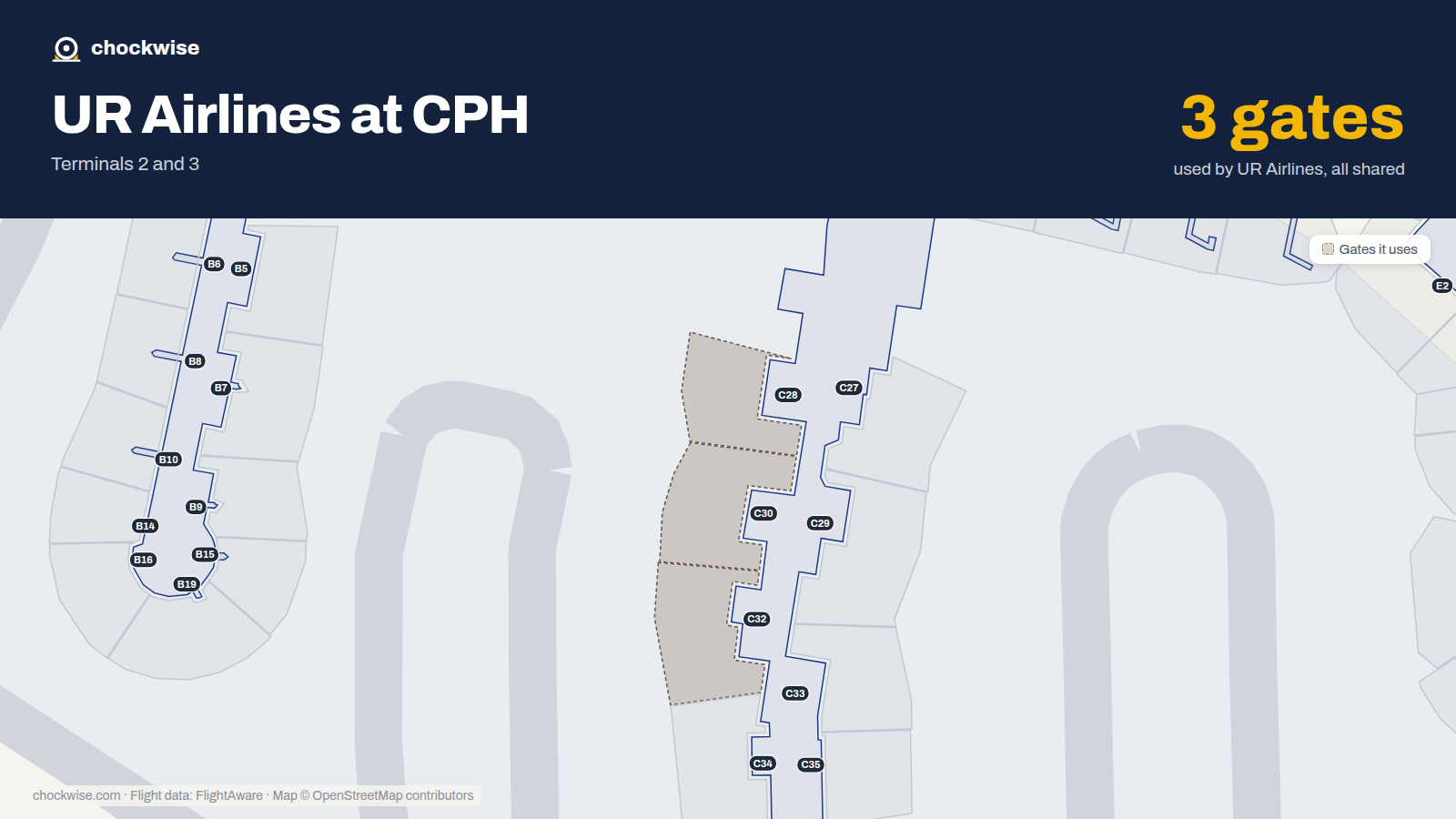 Map of CPH with the gates UR Airlines uses highlighted: C28, C30 and C32.