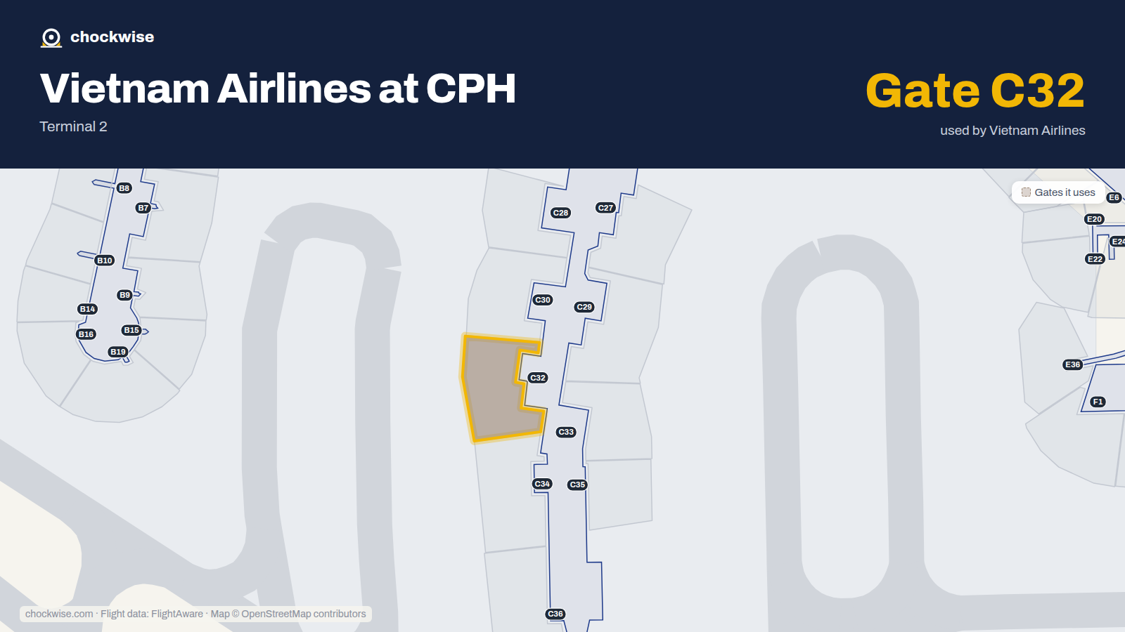 Map of CPH with the gates Vietnam Airlines uses highlighted: C32.