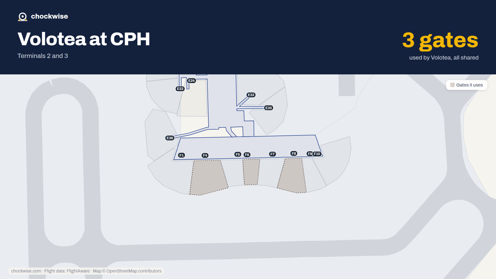 Map of CPH with the gates Volotea uses highlighted: F4, F6 and F8.